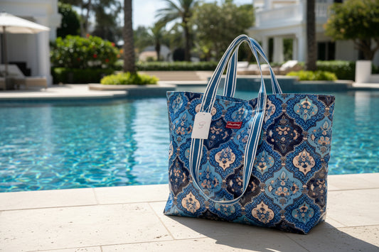 Small Beach Bag (Double Handle) - Indian Trellis Blue & Navy