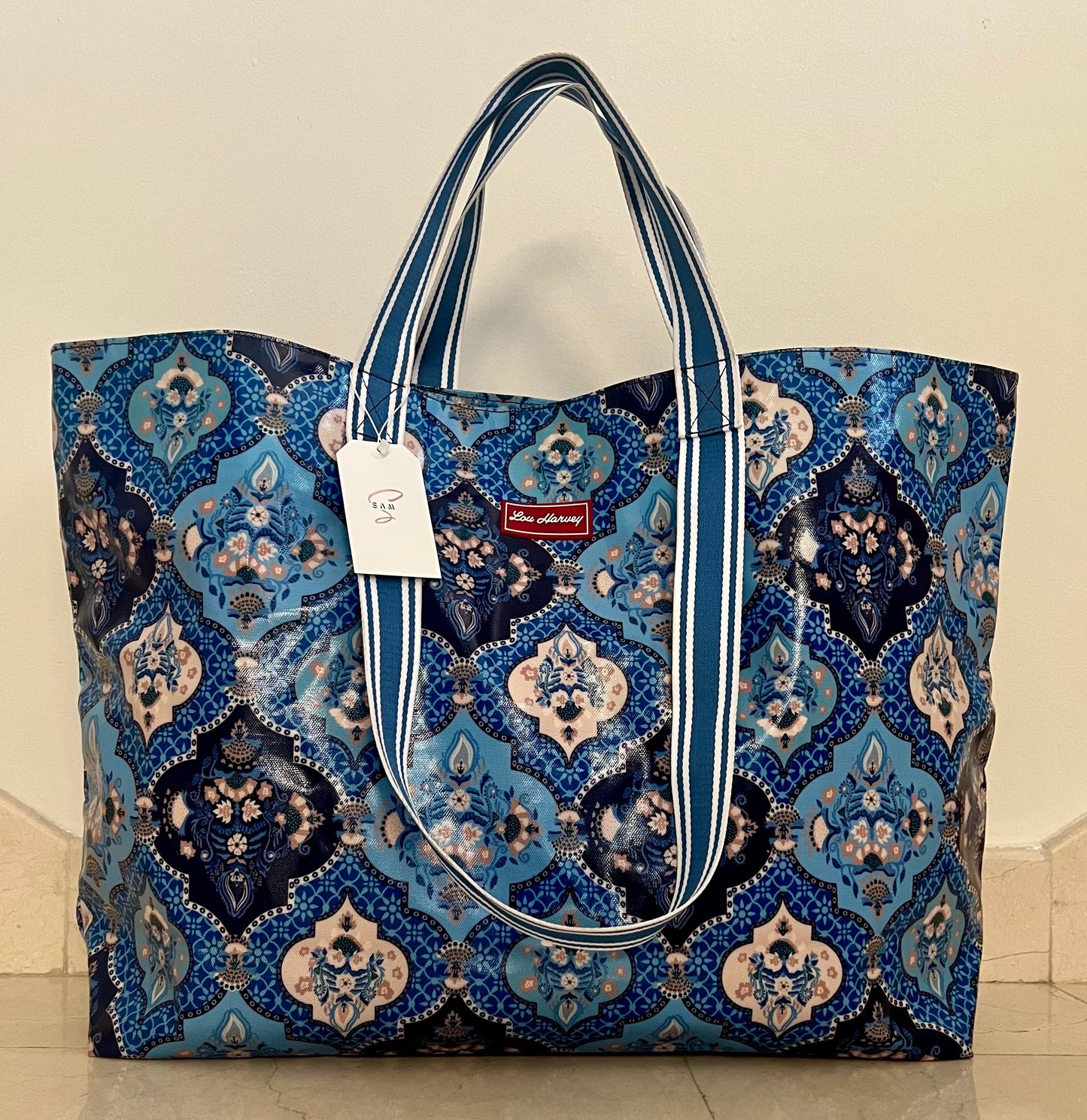 Small Beach Bag (Double Handle) - Indian Trellis Blue & Navy