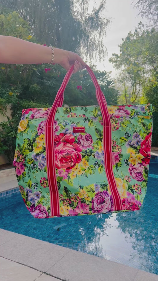 Large Beach Bag - Gabriela Floral Aqua